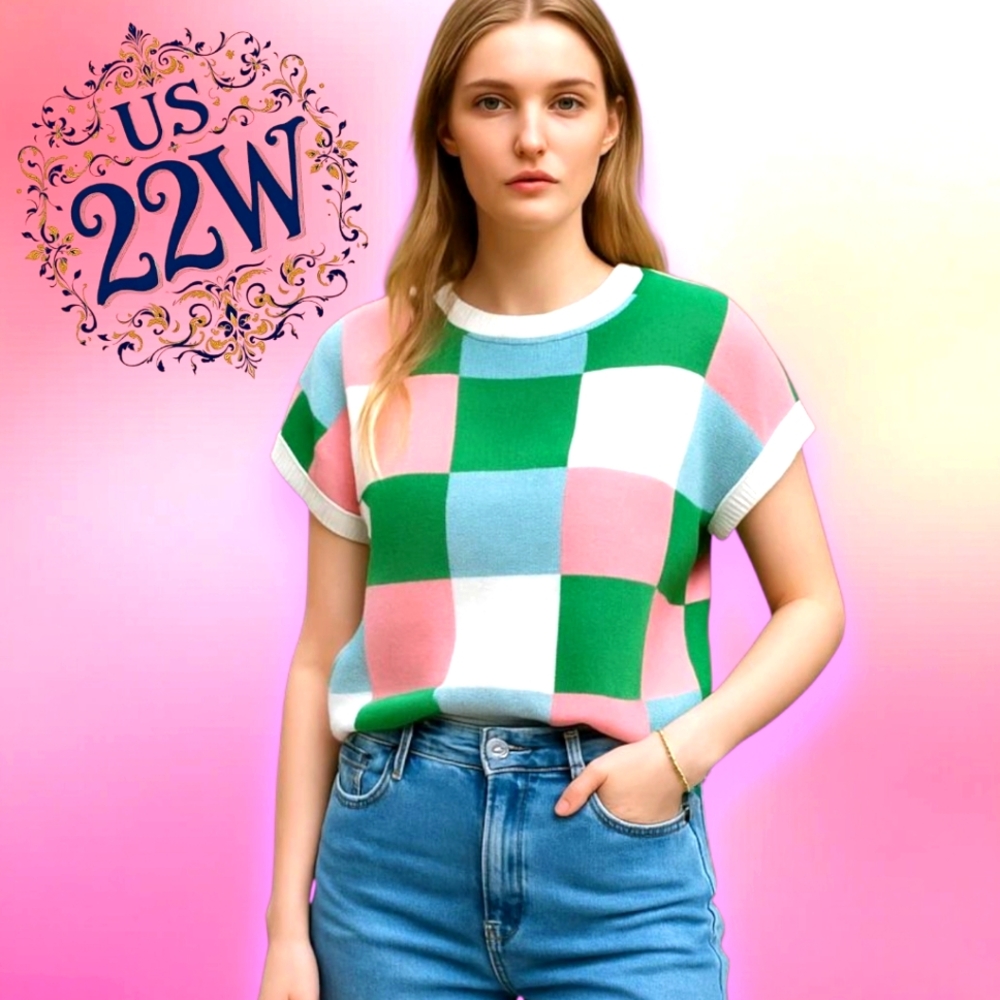 Colorful Checkered Women's Top Size US 22W